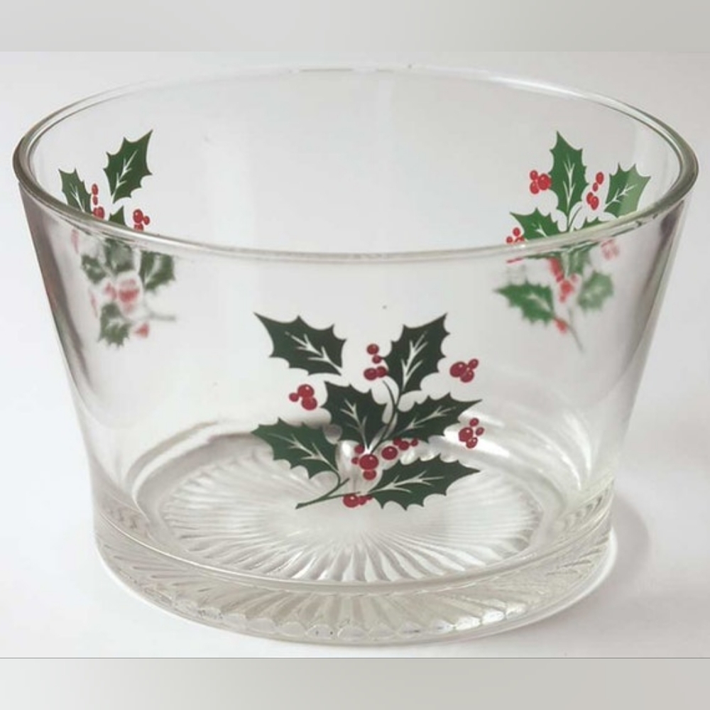 Vtg Indiana Glass Xmas Holly & Berry Serving Dish Snack Bowl IceBucket FREE SHIP